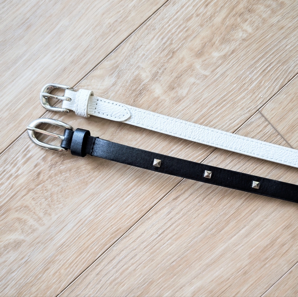 Set of 2 skinny belts silver buckle, white and black with square studs XLARGE